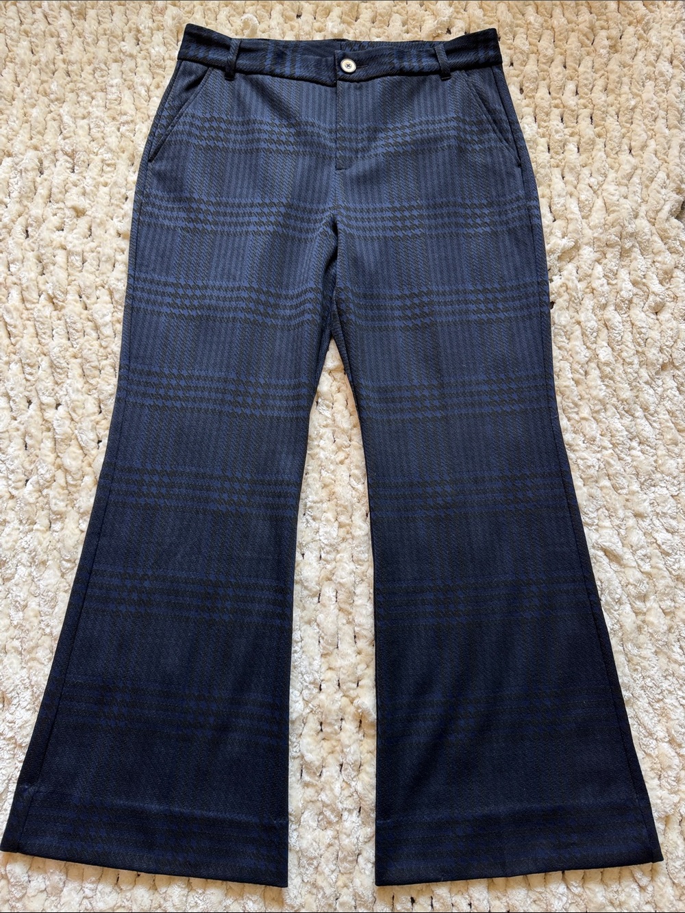 Cabi Plaid Flare Pants Size 16 Navy Black Stretch Trousers #4312R